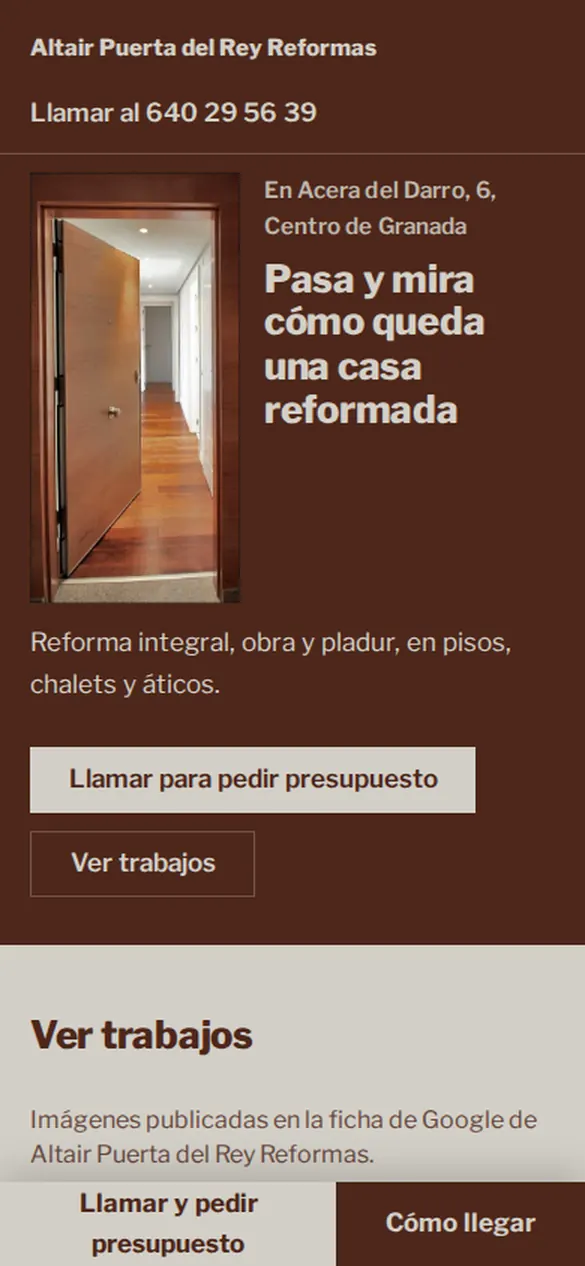 Primera pantalla de la web de Altair Puerta del Rey Reformas en un móvil
