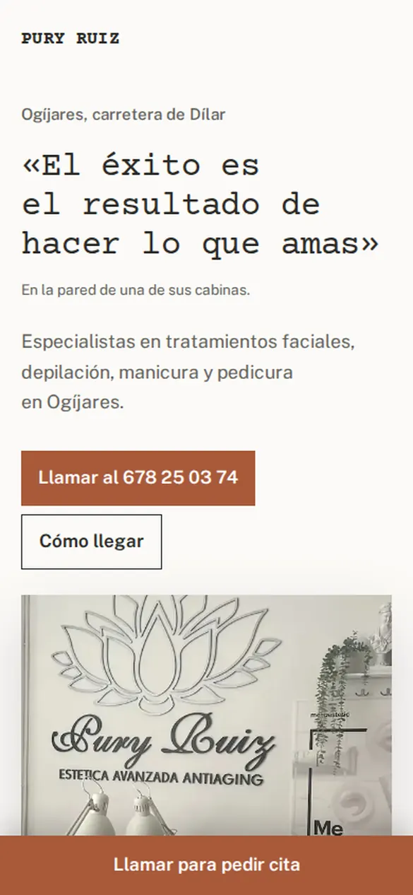 Primera pantalla de la web de Pury Ruiz en un móvil