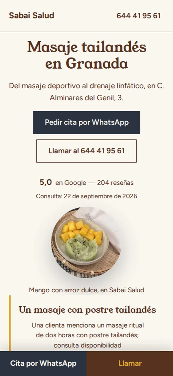 Primera pantalla de la web de Sabai Salud Thai Massage en un móvil