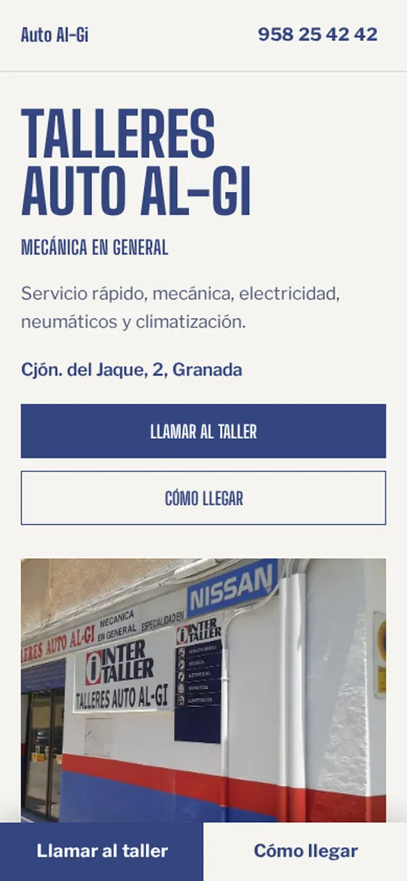 Primera pantalla de la web de Talleres Auto Al-Gi en un móvil