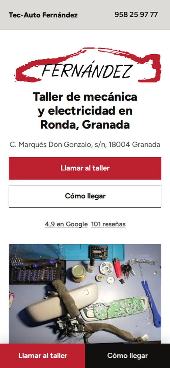 Primera pantalla de la web de Tec-Auto Fernández en un móvil